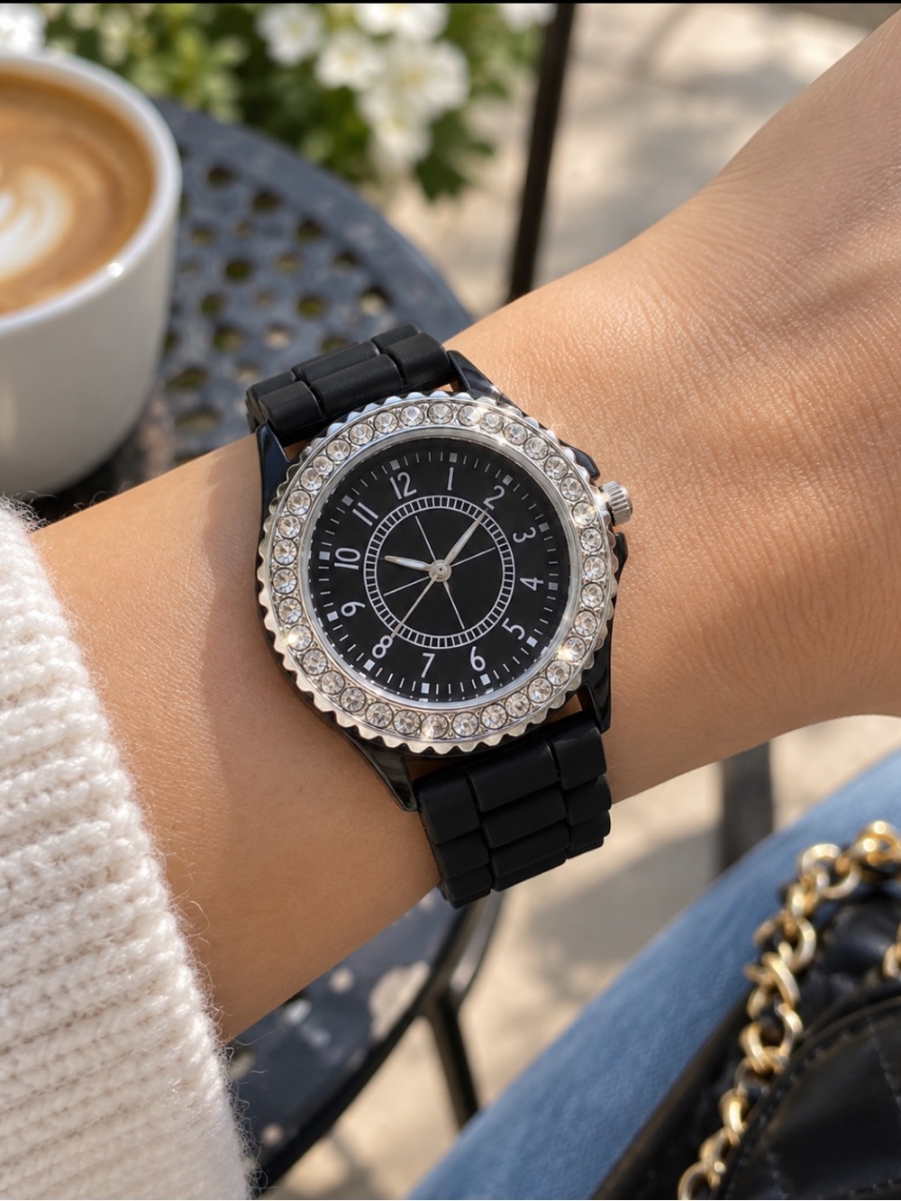 Black Crystal Bezel Watch Black Silicone Band Women’s Bling Fashion Analog Watch